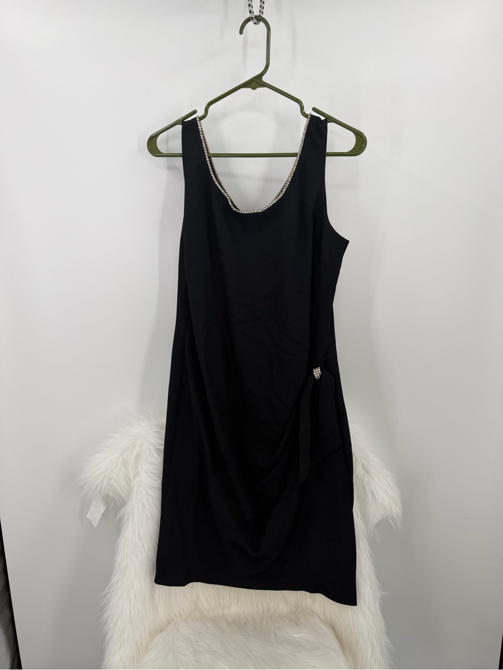 ET AL Classic Black Mini Dress with Rhinestone Trim & Side Drape, Size 8